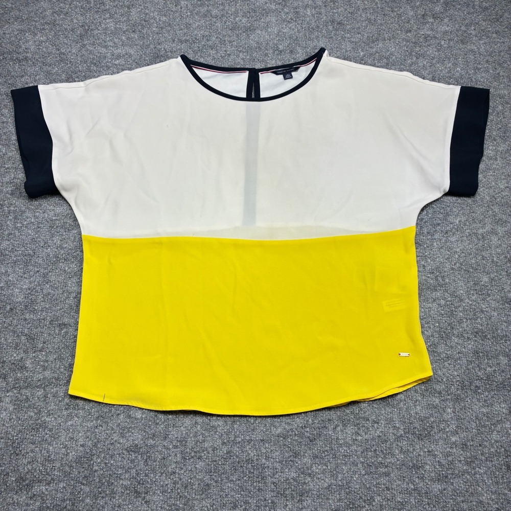 Tommy Hilfiger Blouse Womens XS Color Block White Yellow Short Sleeve Keyhole